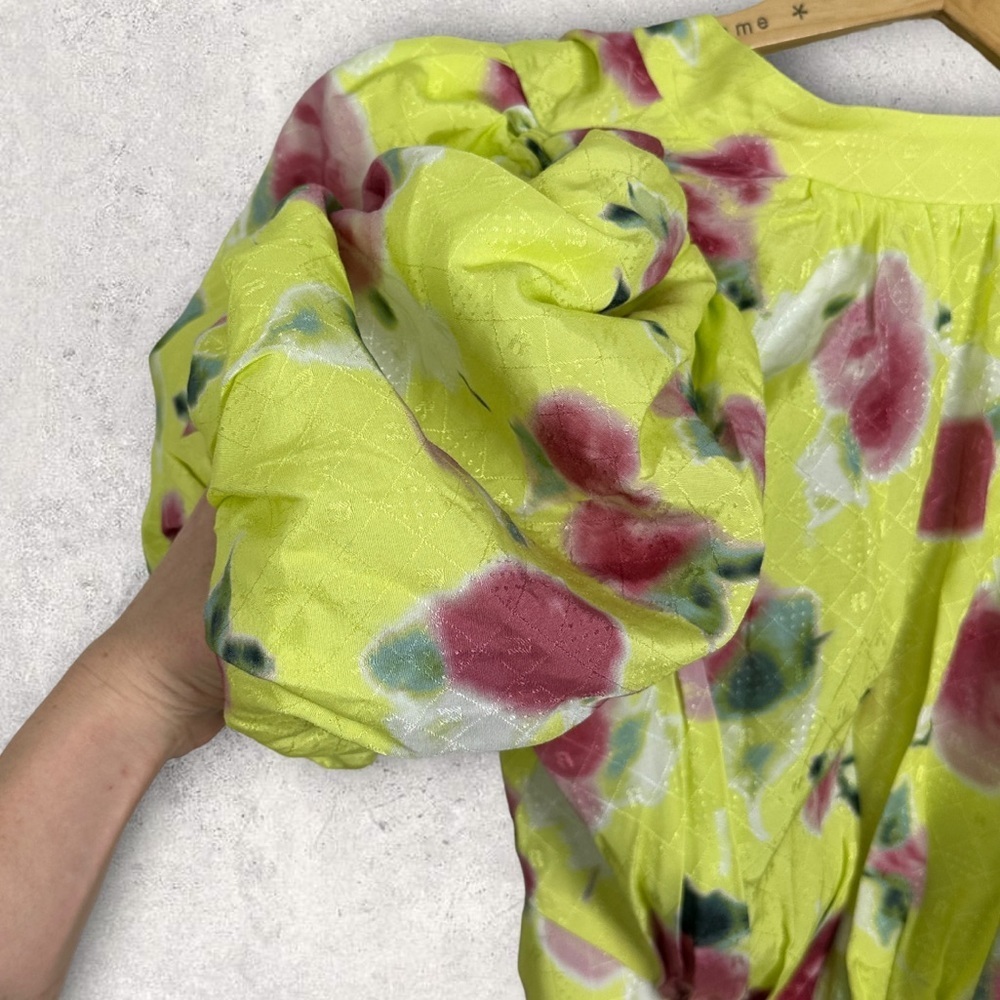 NEW Rotate Birger Christensen Dawn Floral Puff Sleeve Top Tie Back Yellow Boho 4 - Picture 6 of 14